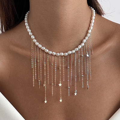Imitation Pearl Round Beaded Brass & Iron Chain Tassel Bib Necklaces for Women WGAF7CC-03-1