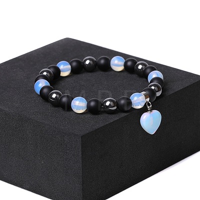 Natual Black Obsidian & Synthetic Non-magnetic Hematite & Opalite Beads Charm Bracelets AC2290-7-1