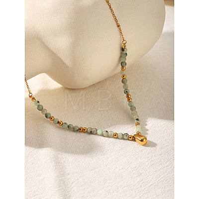 304 Stainless Steel Teardrop Pendant Natural African Turquoise(Jasper) Round Beaded Necklaces for Women WGE7304-01-1