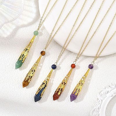 304 Stainless Steel Filigree Natural Mixed Stone Faceted Pointed Bullet Pendant Brass Cable Chain Necklaces NJEW-JN06568-1