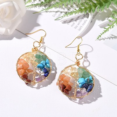 Natural & Synthetic Mixed Gemstone Chips Braided Ring with Tree of Life Dangle Earrings EJEW-JE04878-01-1
