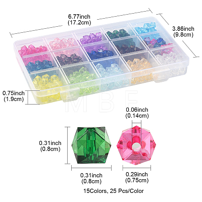 375Pcs 15 Colors Transparent Acrylic Beads TACR-FS0001-41-1