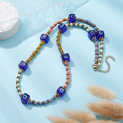 Evil Eye Lampwork & Glass Seed Beaded Necklace for Women NJEW-JN04390-1
