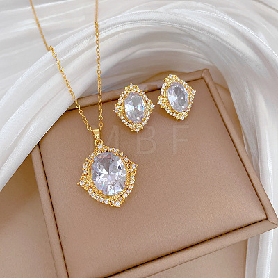 Brass Micro Pave Cubic Zirconia Pendant Necklace & Stud Earrings WG7AC39-143-1