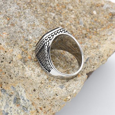 304 Stainless Steel with Natural Black Agate Finger Rings FS-WG67565-02-1