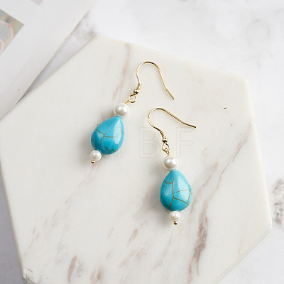 Natural Turquoise & Shell Pearl Beaded Dangle Earrings EJEW-L294-005G-1