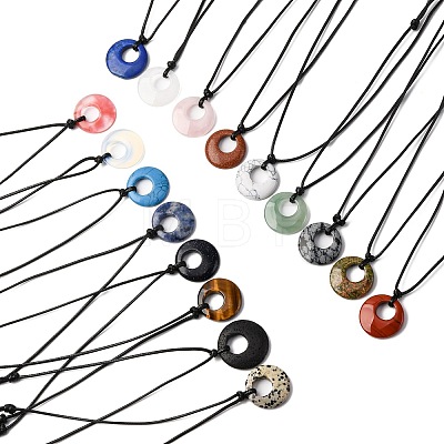 Ring Natural & Synthetic Mixed Gemstone Pendant Black Waxed Cord Adjustable Necklaces NJEW-G169-02-1
