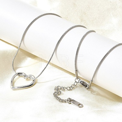 201 Stainless Steel Hollow Heart Pendant Snake Chain Necklaces for Women NJEW-B124-02P-1