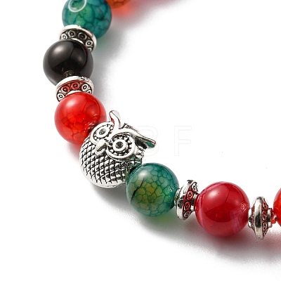 Natural Agate Stretch Bracelets Set with Alloy Owl Beaded ANIM-PW0003-027C-1