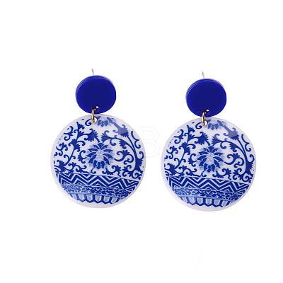 Acrylic Blue and White Porcelain Printed Dangle Stud Earrings FS-WG917E7-06-1