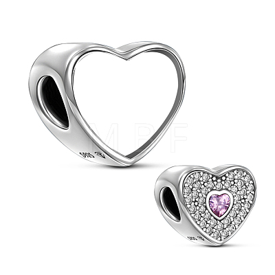 TINYSAND Rhodium Plated 925 Sterling Silver Personalized Dual Hearts Charm Cubic Zirconia European Beads TS-C-144-1