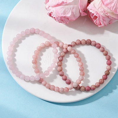 3Pcs Natural Rhodochrosite & Rose Quartz & Pink Opal Round Beads Stretch Bracelets for Women BJEW-JB12836-1