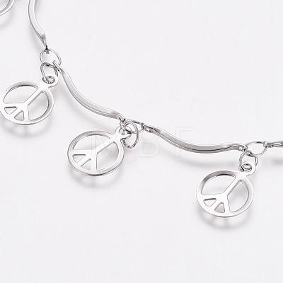 304 Stainless Steel Flat Round with Peace Sign Charm Bracelets BJEW-G628-08P-1