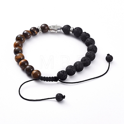 Natural Lava Rock & Tiger Eye Beads Adjustable Braided Bracelets BJEW-JB04987-01-1