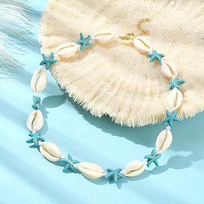 Natural Shell & Synthetic Turquoise Starfish Beaded Necklace with 304 Stainless Steel Clasps NJEW-TA00107-01-1