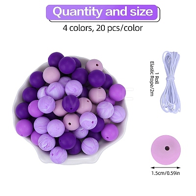 80Pcs 4 Style Round Silicone Focal Beads SIL-SZ0001-22D-1