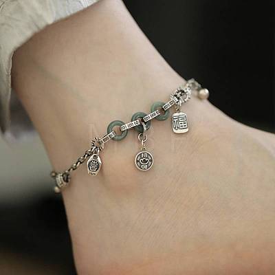 Natural Chalcedony Lucky Donut & Brass Fu Charm Anklets for Women FS-WG9BF59-01-1