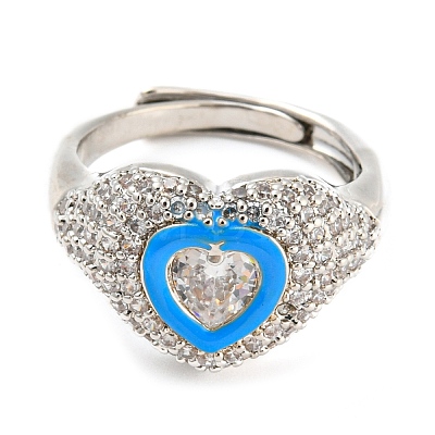 Enamel Heart Adjustable Ring with Clear Cubic Zirconia RJEW-Q781-01P-02-1