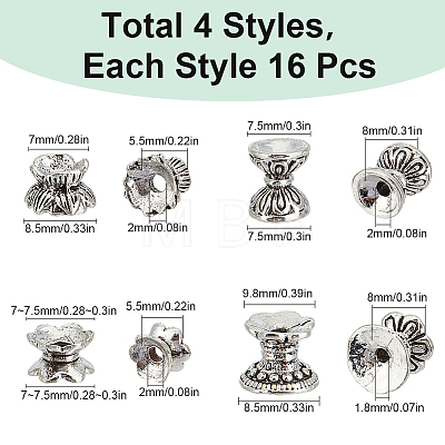 64Pcs 4 Styles Tibetan Style Alloy Bead Caps FIND-SC0009-51-1