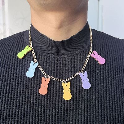 Easter Rabbit Wood Pendant Bib Necklaces with Alloy Chains FS-WG2FC95-01-1