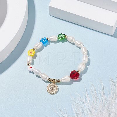 Natural Pearl & Millefiori Glass Beaded Stretch Bracelet with Heart and Coin Charm for Women BJEW-TA00060-1
