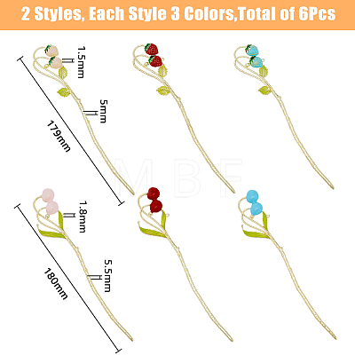 6Pcs 6 Style Strawberry & Cherry Alloy Enamel Hair Sticks OHAR-FH0001-11-1