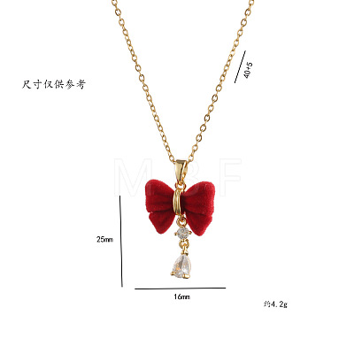 Christmas 304 Stainless Steel Rhinestone and Flocking Fabric Bowknot Pendant Necklaces for Women FS-WGD2A9A-02-1