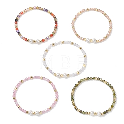 Cubic Zirconia & Shell Pearl Round Beaded Stretch Bracelets for Women BJEW-JB13280-1