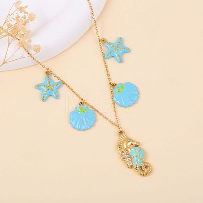 Ocean 304 Stainless Steel Enamel Sea Horse Shell Starfish Pendant Bib Necklaces for Women WG1595B-01-1