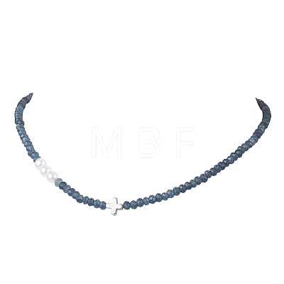 Dyed Natural Malaysia Jade Faceted Rondelle & Round Imitation Pearl & Brass Cross Beaded Necklaces NJEW-JN05835-1
