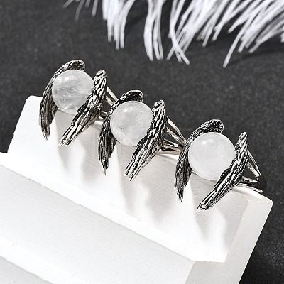 Natural Quartz Crystal Wings Adjustable Rings RJEW-K241-04AS-07-1