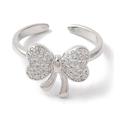 Bowknot Brass Micro Pave Clear Cubic Zirconia Open Cuff Rings for Women RJEW-C098-03P-1