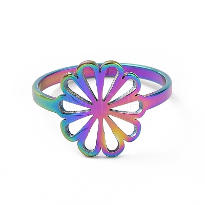 Ion Plating(IP) 201 Stainless Steel Flower Finger Ring RJEW-J051-30MC-1