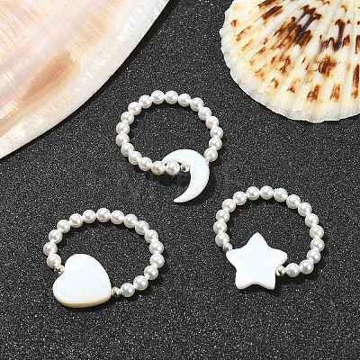 3Pcs 3 Style Natural Pearl & Shell Beaded Stretch Rings Set RJEW-TA00100-1