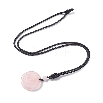 Natural Rose Quartz Flat Round with Hexagon Pendant Necklace with Nylon Cord for Women NJEW-P274-05-06-1