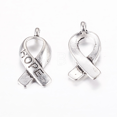 Breast Cancer Awareness Ribbon Carved Word Hope Tibetan Style Alloy Message Pendants TIBEP-TAG0001-02-1