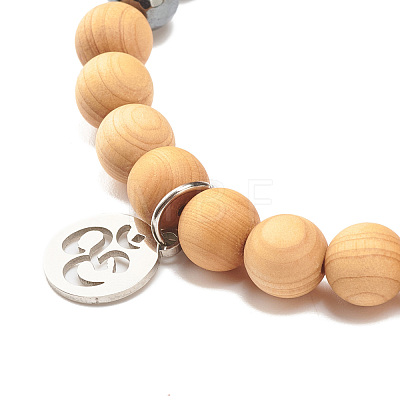 Natural Wood & Lava Rock & Synthetic Hematite Round Beaded Stretch Bracelet with Yoga Symbol Charm BJEW-JB07807-1