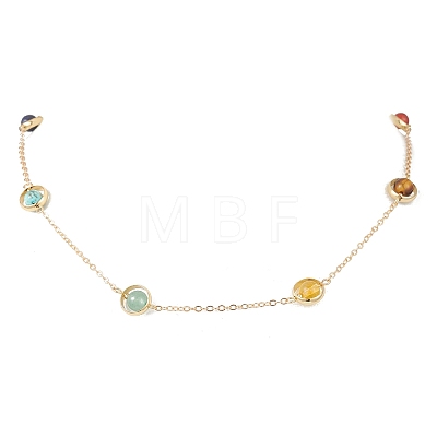 7 Chakra Natural Mixed Stone Round Beads Brass Cable Chain Necklaces NJEW-TA00235-1