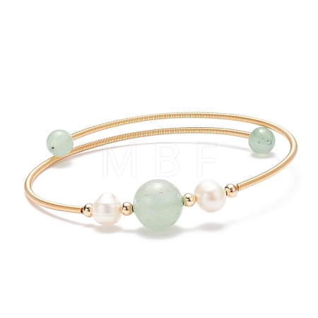 Natural Green Aventurine & Pearl Round Beaded Bangle BJEW-JB08464-04-1