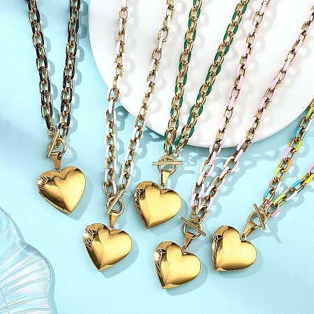 304 Stainless Steel Enamel Photo Heart Locket Pendant Cable Chain Necklaces with OT Clasps for Women Men NJEW-JN06005-1