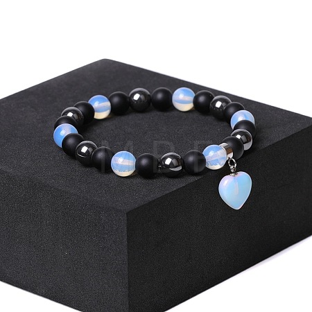 Natual Black Obsidian & Synthetic Non-magnetic Hematite & Opalite Beads Charm Bracelets AC2290-7-1
