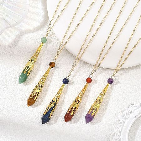304 Stainless Steel Filigree Natural Mixed Stone Faceted Pointed Bullet Pendant Brass Cable Chain Necklaces NJEW-JN06568-1