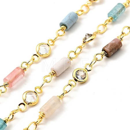 Natural Mixed Gemstone Column & Clear Cubic Zirconia Flat Round Link Chain CHC-G017-01G-1