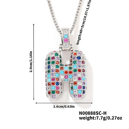 Brass Pave Colorful Cubic Zirconia Letter Pendant Box Chain Necklaces NU0575-34-1