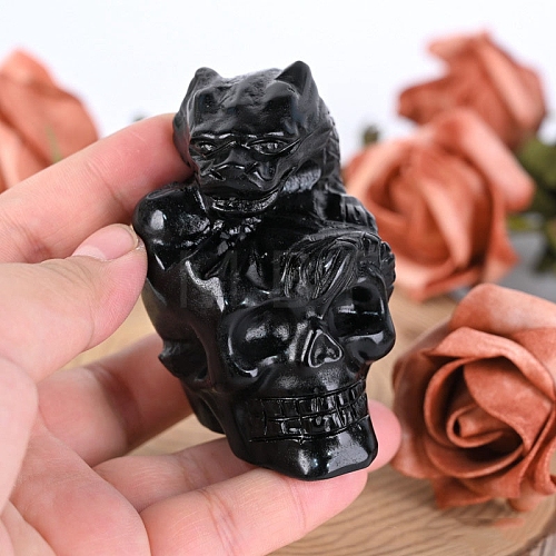 Natural Obsidian Carved Halloween Skull Figurines PW-WG1CD99-01-1