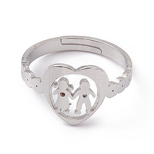 201 Stainless Steel Heart with Lovers Adjustable Ring for Valentine's Day RJEW-K238-11P-1