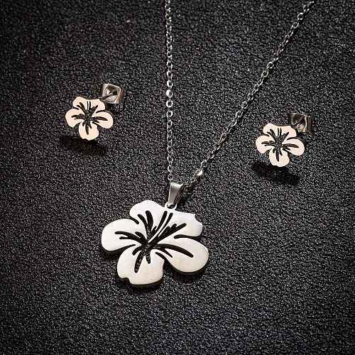 Stainless Steel Flower Stud Earrings & Pendant Necklaces Sets for Women PW-WG215D6-02-1