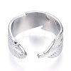 304 Stainless Steel Feather Open Cuff Ring for Women RJEW-N040-30-3