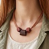 Wooden Faceted Round and Trapezoid Beads Pendant Imitation Leather Cord Multi-Strand Necklaces for Women WG6B682-01-1