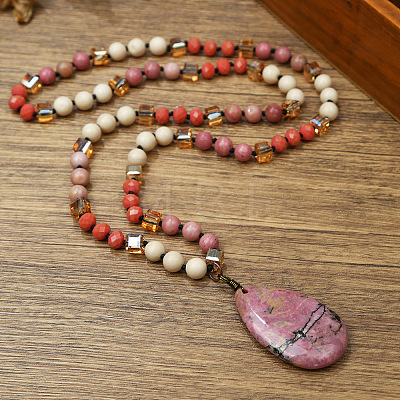 Natural Rhodonite Flat Teardrop Pendant Round Gems and Cube Glass Beaded Long Necklaces for Women FS-WG9FE58-10-1